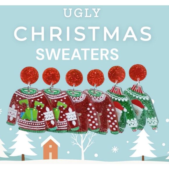 NWT 3 PC Set Of Glittery Fun Ugly Christmas Sweater Dangle Earrings - Picture 1 of 8